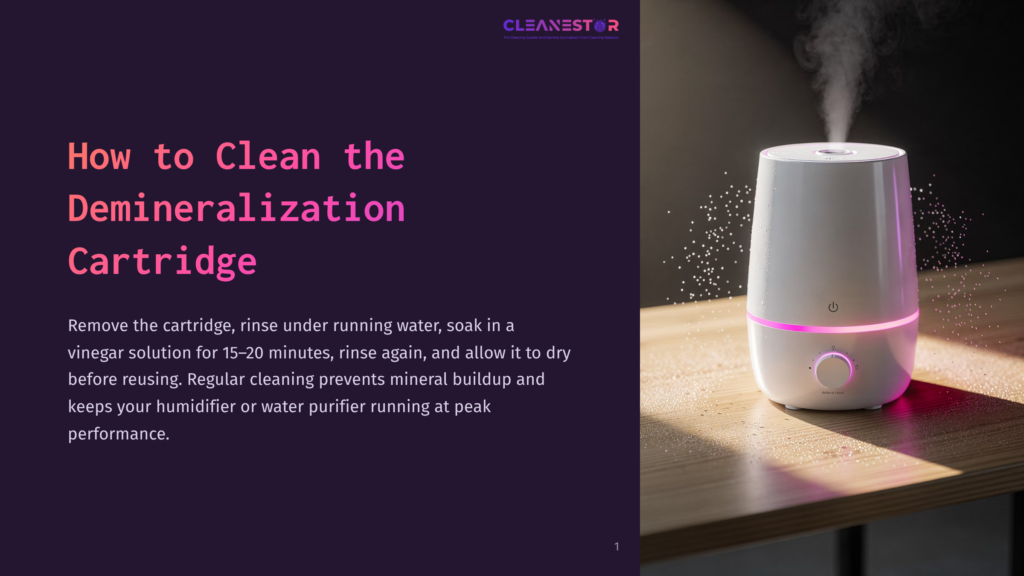 1 How To Clean The Demineralization Cartridge A White Humidifier With Pink Led Lights Sits On A Wooden Desk, Emitting A Mist. The Text &Quot;How To Clean The Demineralization Cartridge&Quot; Is Displayed On A Dark Purple Background To The Left.