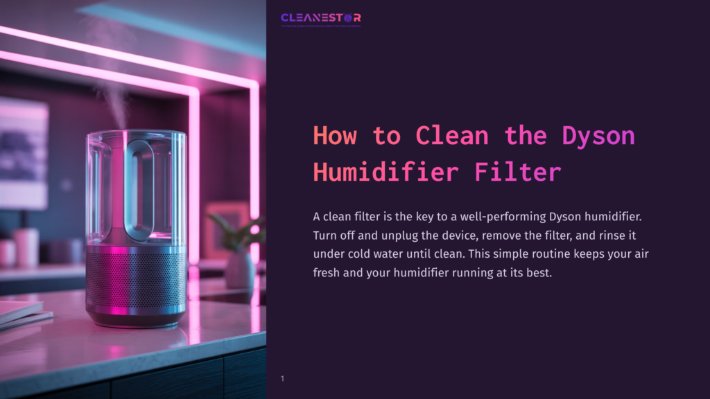 Cleanestor Logo Above A Guide On How To Clean A Dyson Humidifier Filter, Showing A Modern Humidifier Emitting Mist, Illuminated By Neon Pink And Blue Lights.
