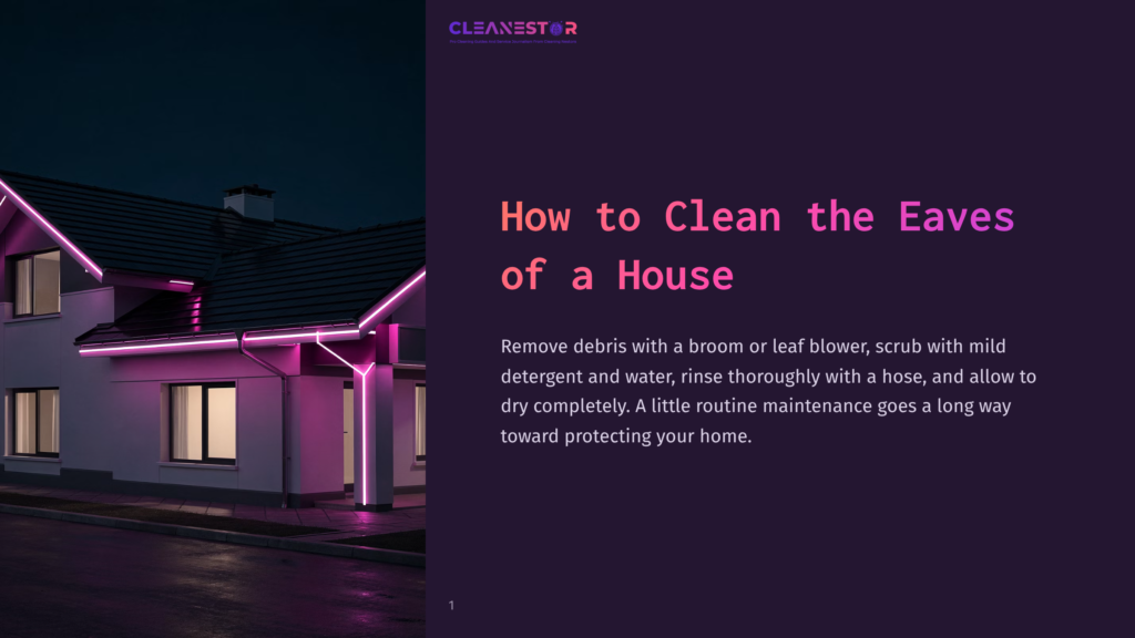 A House With A Sloped Roof And Pink Led Lighting, Featuring Clear Eaves. The Background Is Dim, Highlighting The Home’s Exterior.