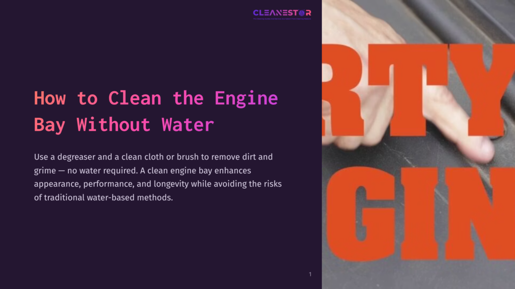 Title Slide For &Quot;How To Clean The Engine Bay Without Water&Quot; Tutorial, Featuring Text On A Dark Background And An Out-Of-Focus Orange Graphic With The Words &Quot;Dirty Gin&Quot; On The Right.