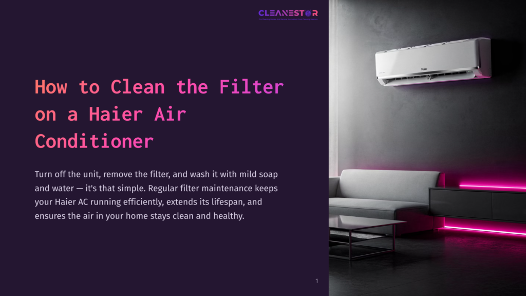 1 How To Clean The Filter On A Haier Air Conditioner A Haier Air Conditioner Unit Is Mounted On A Dark Wall Above A Modern Living Room Sofa, With Neon Pink Lighting Accentuating The Space. The Text &Quot;How To Clean The Filter On A Haier Air Conditioner&Quot; Is Prominently Displayed On The Left Side Of The Image.