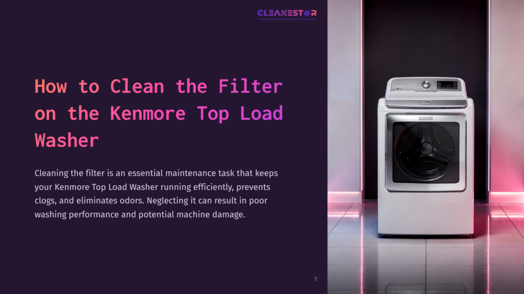 A White Kenmore Top-Load Washer Stands In A Modern Laundry Room With Pink Neon Lighting. Text Overlay Reads &Quot;How To Clean The Filter On The Kenmore Top Load Washer.