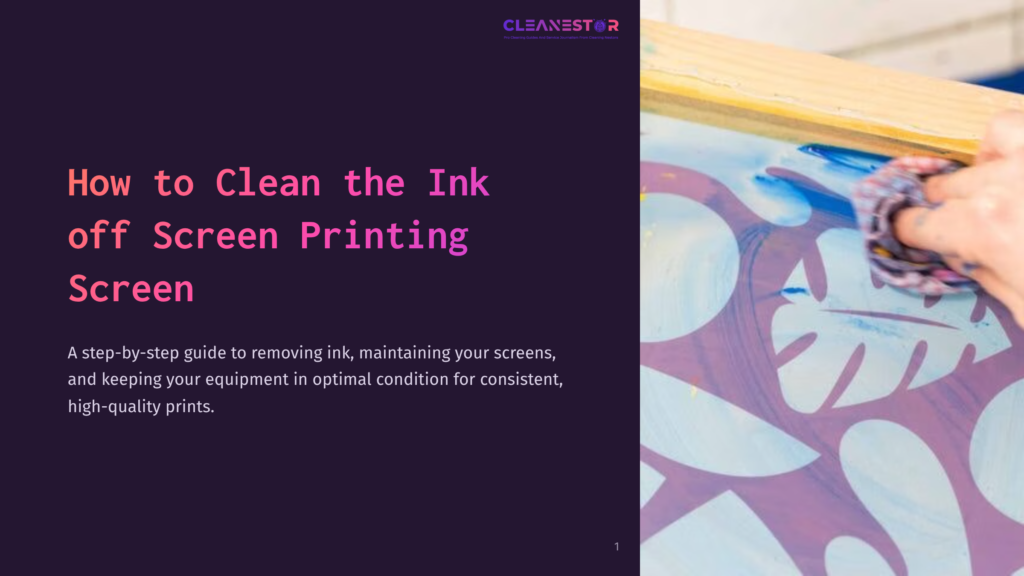 A Hand Applies Cleaner To A Screen Printing Frame With Colorful Floral Designs, Set Against A Light Background.