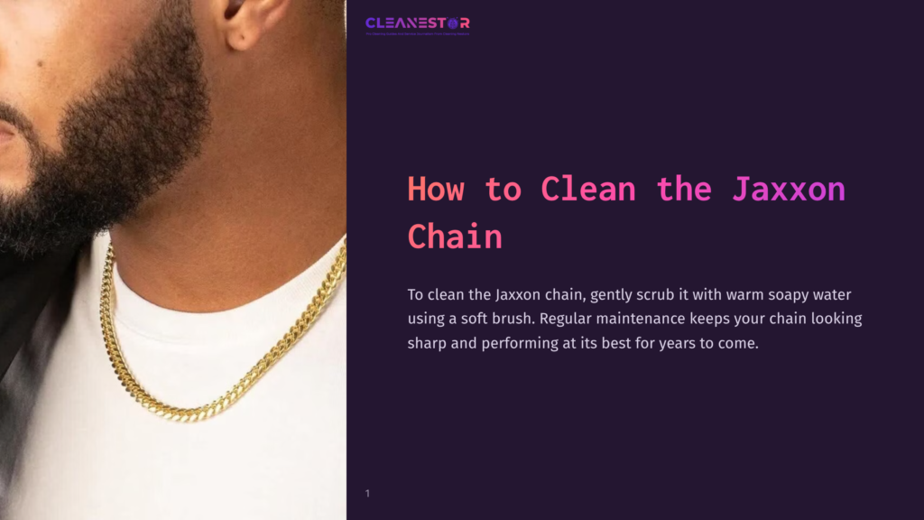 1 How To Clean The Jaxxon Chain Close-Up Of A Man'S Neck And Jawline, Showcasing A Thick, Well-Groomed Beard And A Gleaming Gold Chain. The Text &Quot;Cleanestor&Quot; And &Quot;How To Clean The Jaxxon Chain&Quot; Is Visible.