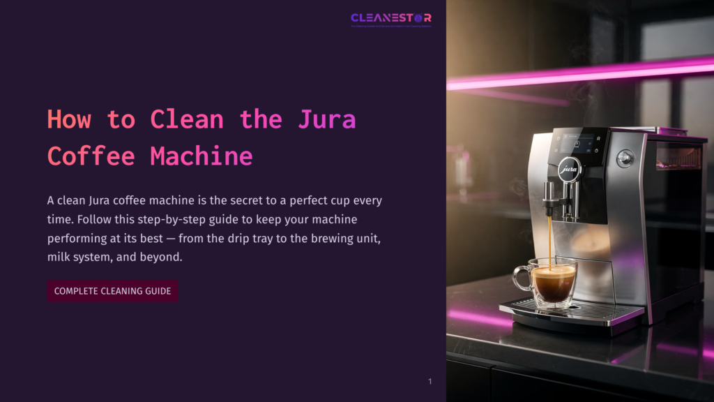 A Jura Coffee Machine Brews A Fresh Espresso Into A Clear Glass Cup, Steam Rising From The Dark Liquid. The Sleek, Modern Machine Sits On A Dark Countertop, With A Vibrant Pink Light Illuminating The Background.