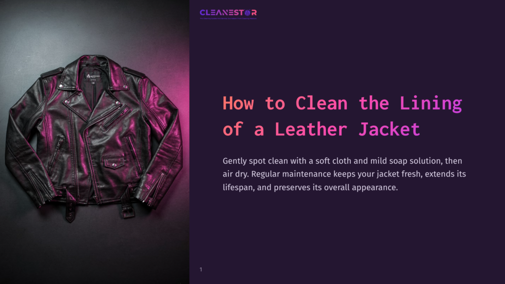 A Black Leather Motorcycle Jacket Is Displayed Against A Dark Background, Illuminated By Pink And Purple Lighting. Text Overlay Reads &Quot;How To Clean The Lining Of A Leather Jacket&Quot; And &Quot;Cleanestor&Quot;.