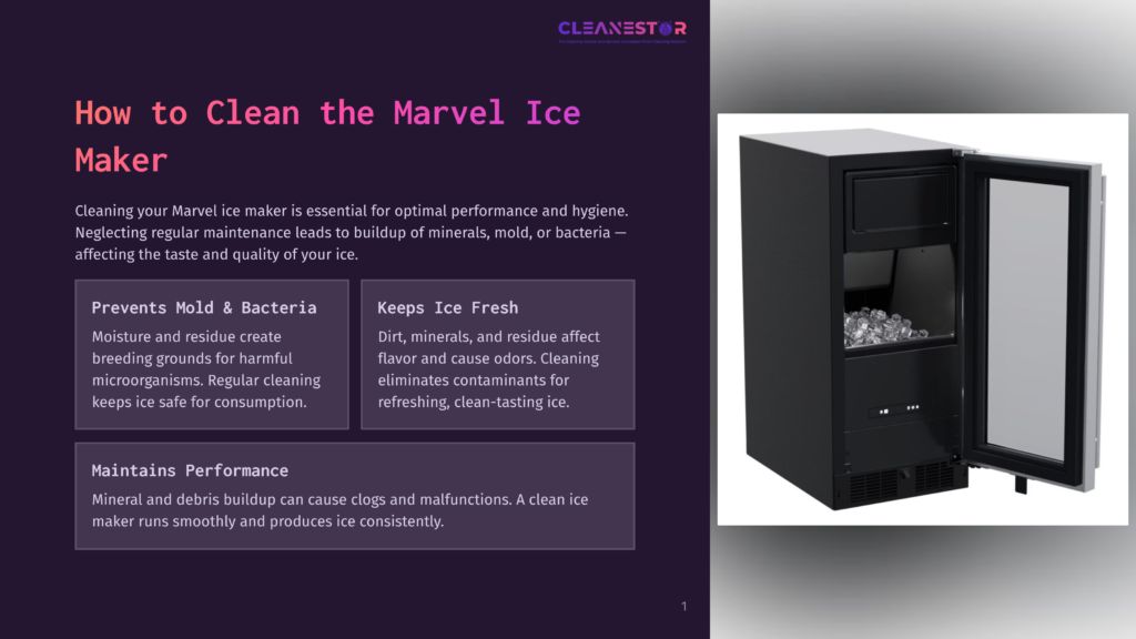 Cleanestor Ice Maker With Door Open, Revealing A Bin Full Of Clear Ice Cubes. The Text &Quot;How To Clean The Marvel Ice Maker&Quot; Is Visible On The Left.