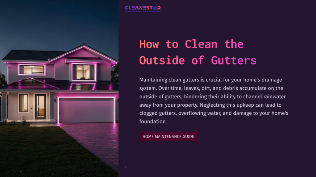 1 How To Clean The Outside Of Gutters A Modern Two-Story House With Purple Exterior Lighting, Featuring A Well-Maintained Driveway And Lawn, Illuminated At Dusk. The Text &Quot;Cleanestor&Quot; Is Visible At The Top.