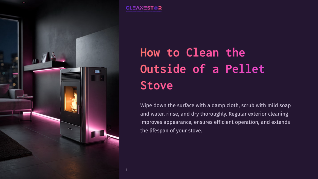 A Modern Pellet Stove Glows With A Warm Fire Inside, Illuminated By Pink Led Lighting In A Dimly Lit, Contemporary Living Room. The Text &Quot;How To Clean The Outside Of A Pellet Stove&Quot; Is Prominently Displayed.