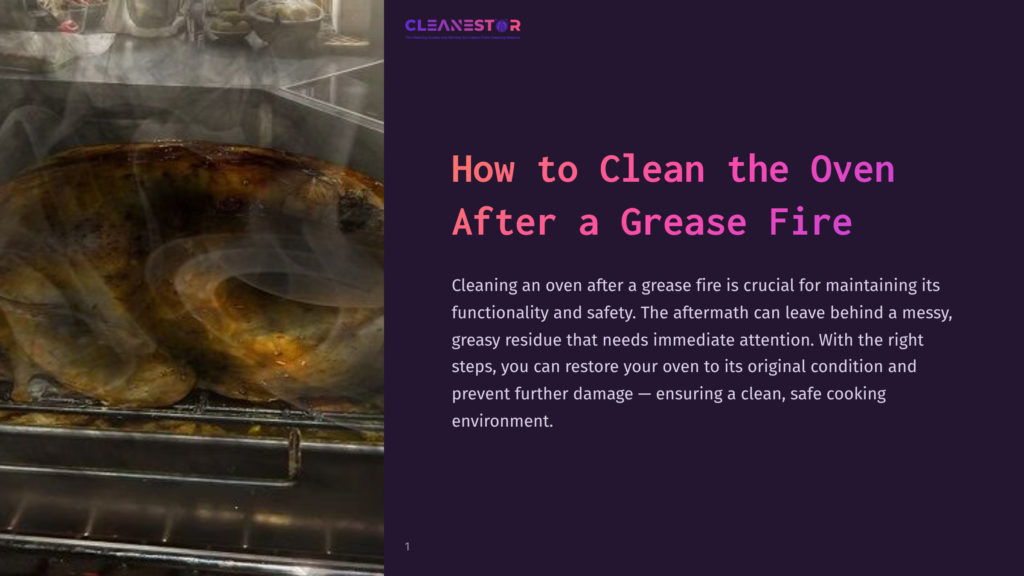 A Whole Roasted Turkey, Glistening And Browned, Sits On A Rack Inside A Smoky Oven. Text Overlay Reads &Quot;Cleanestor: How To Clean The Oven After A Grease Fire.