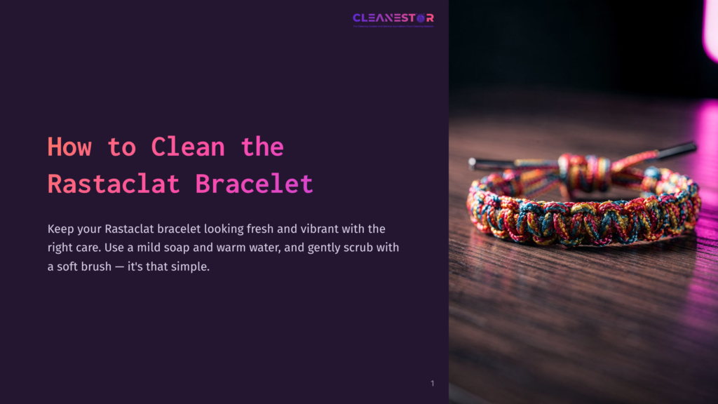 Colorful Rastaclat Bracelet Displayed On A Dark Wooden Surface, With A Soft Brush Nearby, Emphasizing Cleaning And Care.