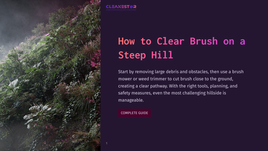 1 How To Clear Brush On A Steep Hill A Steep, Overgrown Hillside Covered In Lush Green Ferns And Pinkish-Purple Foliage, Shrouded In Mist. The Text &Quot;Cleanestor&Quot; And &Quot;How To Clear Brush On A Steep Hill&Quot; Is Visible On A Dark Background.