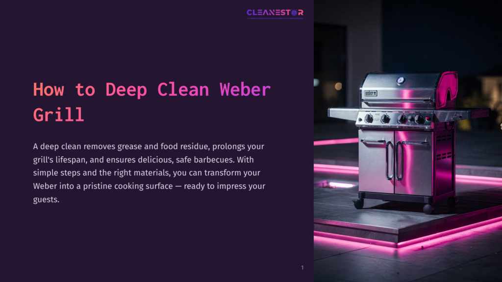 A Gleaming Stainless Steel Weber Grill Sits On A Modern Patio, Illuminated By Vibrant Pink Neon Lights. The Text &Quot;How To Deep Clean Weber Grill&Quot; Is Overlaid On The Left Side Of The Image.