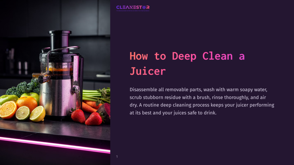 A Stainless Steel Juicer Sits On A Dark Countertop Next To Fresh Fruits And Vegetables, With The Text &Quot;Cleanestor&Quot; And &Quot;How To Deep Clean A Juicer&Quot; Visible.