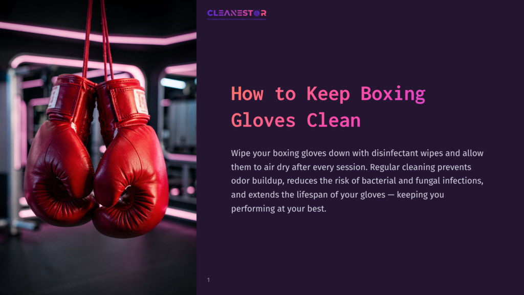 A Pair Of Red Boxing Gloves Hang From Red Ropes In A Gym, With Neon Pink Lights In The Background. The Image Includes The Text &Quot;Cleanestor&Quot; And &Quot;How To Keep Boxing Gloves Clean&Quot;.
