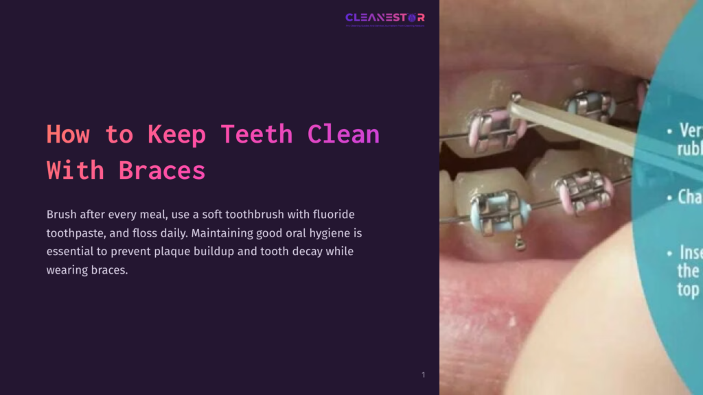 Close-Up Of Teeth With Metal Braces, A Person Uses A Floss Threader To Clean Between Teeth And Under Wires. Text Overlay: &Quot;How To Keep Teeth Clean With Braces&Quot;.