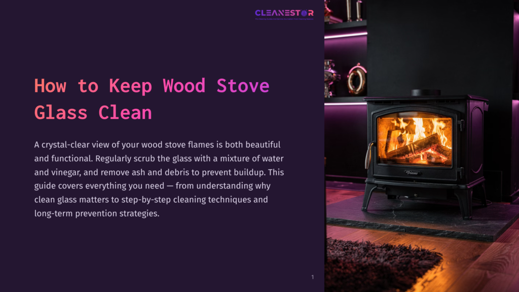 A Wood Stove With A Glowing Fire Inside, Set Against A Dark, Modern Room With Purple Lighting. The Text &Quot;Cleanestor How To Keep Wood Stove Glass Clean&Quot; Is Visible.