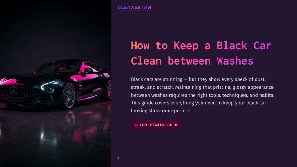 A Sleek Black Mercedes-Amg Gt Coupe With Vibrant Pink Neon Lighting Reflecting On Its Glossy Surface, Parked On A Wet, Reflective Floor. The Text &Quot;Cleanestor&Quot; And &Quot;How To Keep A Black Car Clean Between Washes&Quot; Is Visible.