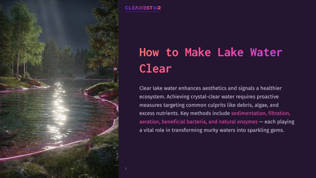 A Serene Lake At Sunset, With Trees And A Rocky Shore Reflecting In The Clear, Sparkling Water. Pink Glowing Lines Trace The Edge Of The Water, And The Text &Quot;Cleanestor&Quot; And &Quot;How To Make Lake Water Clear&Quot; Are Visible.