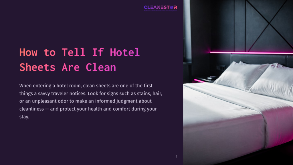 1 How To Tell If Hotel Sheets Are Clean A Neatly Made Hotel Bed With Crisp White Sheets And Pillows, Illuminated By Soft Pink Neon Lighting, With The Title &Quot;How To Tell If Hotel Sheets Are Clean&Quot; On The Left.