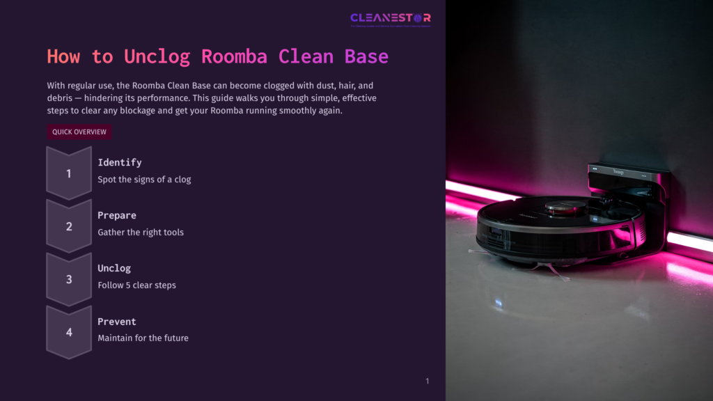 1 How To Unclog Roomba Clean Base A Black Roomba Robot Vacuum Cleaner Is Docked In A Cleanestor Charging Base With Bright Pink Led Lights. The Image Is For A Guide On How To Unclog A Roomba Clean Base.