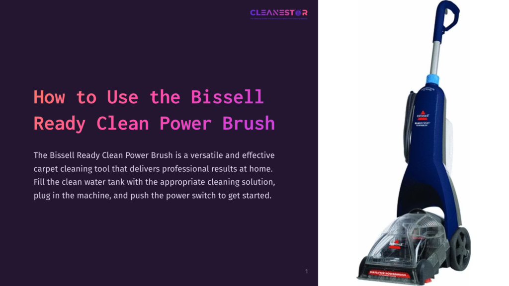 A Blue Bissell Ready Clean Power Brush Carpet Cleaning Machine Stands Upright. The Machine Has A Clear Tank At The Bottom To See Dirt And Water, And A Long Handle With A Power Switch.
