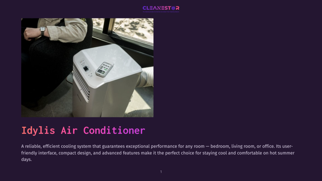 Idylis Air Conditioner Unit With A White Exterior, Sitting On A Floor Next To A Window. A Person'S Legs Are Visible In The Upper Left Corner, Seated In A Chair.