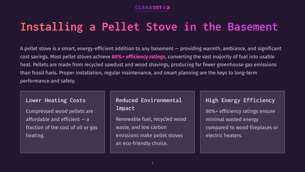 Cleanestor Logo At The Top Of A Dark Purple Background, With The Title &Quot;Installing A Pellet Stove In The Basement&Quot; In Large White Text. Below The Title Are Three Dark Grey Boxes With White Text Describing The Benefits Of Pellet Stoves: &Quot;Lower Heating Costs,&Quot; &Quot;Reduced Environmental Impact,&Quot; And &Quot;High Energy Efficiency.