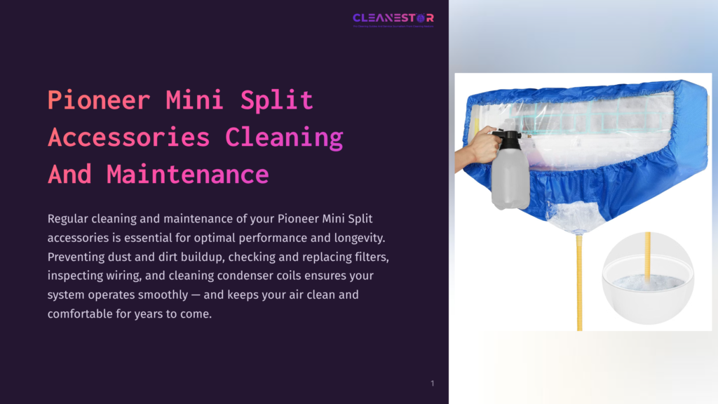 A Blue Pioneer Mini Split Ac Cleaning Cover Is Installed On An Air Conditioner Unit, With A Hand Holding A Spray Bottle And A Cleaning Bucket Below. Text On The Left Promotes &Quot;Pioneer Mini Split Accessories Cleaning And Maintenance.
