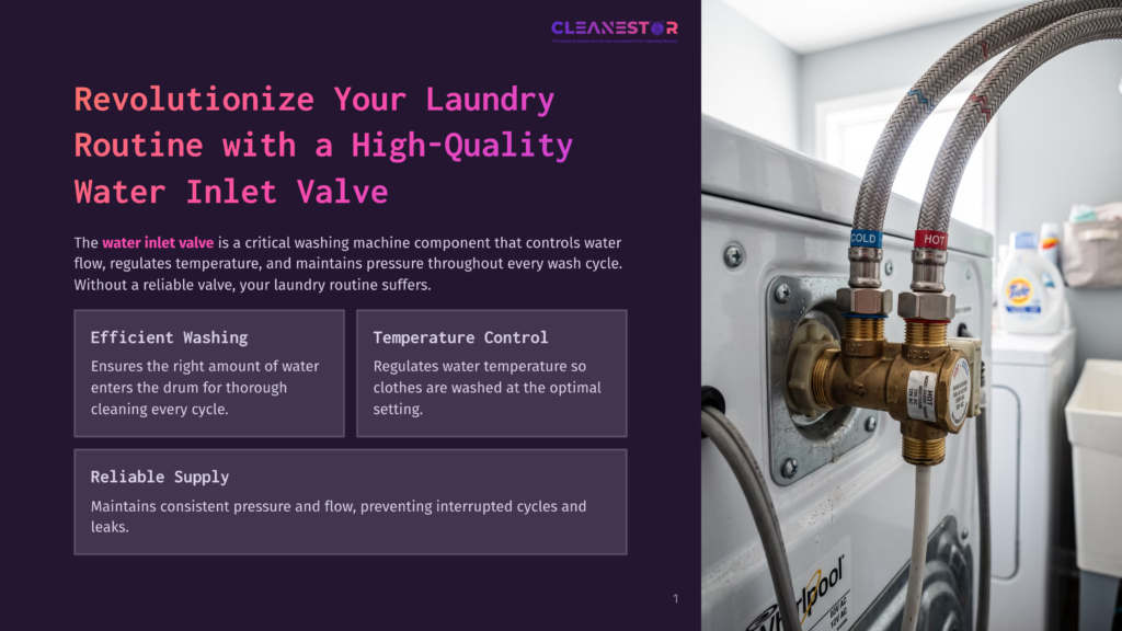 Close-Up Of A Washing Machine'S Water Inlet Valve With Red Hot And Blue Cold Labels, Showing Connected Hoses. Text On The Left Describes The Importance Of A Reliable Water Inlet Valve For Efficient Washing And Temperature Control.