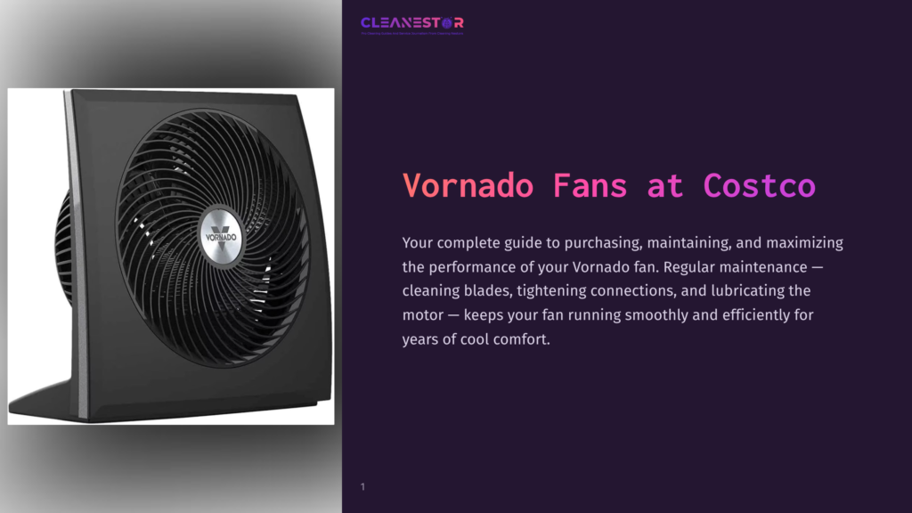 1 Vornado Fans At Costco A Black Vornado Fan Is Displayed On The Left Side Of The Image, With The Text &Quot;Vornado Fans At Costco&Quot; And &Quot;Cleanestor&Quot; Prominently Featured On The Right.