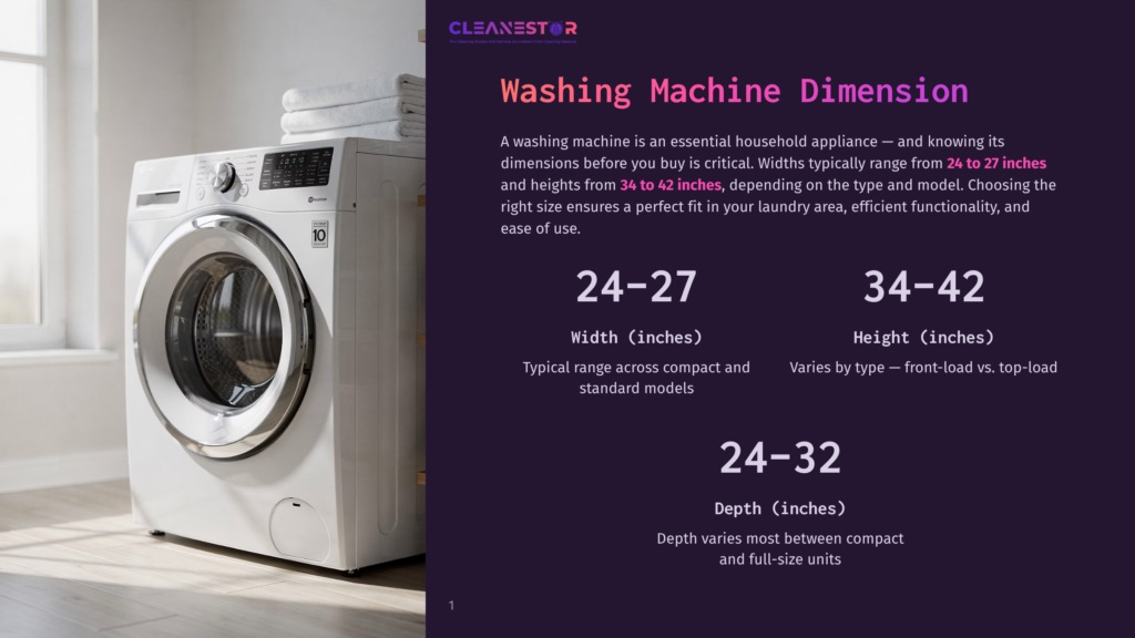 A Modern Front-Load Washing Machine With A Digital Display And A &Quot;10 Year Warranty&Quot; Badge Is Shown In A Bright, Clean Laundry Room, With Text Overlaying The Image About Washing Machine Dimensions.