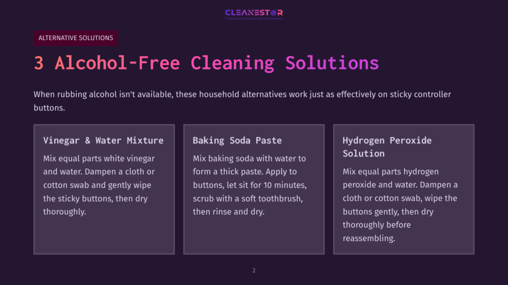 2 3 Alcohol Free Cleaning Solutions Three Cleaning Solutions Listed In White Text On A Dark Purple Background: Vinegar Mix, Baking Soda Paste, And Hydrogen Peroxide Solution.