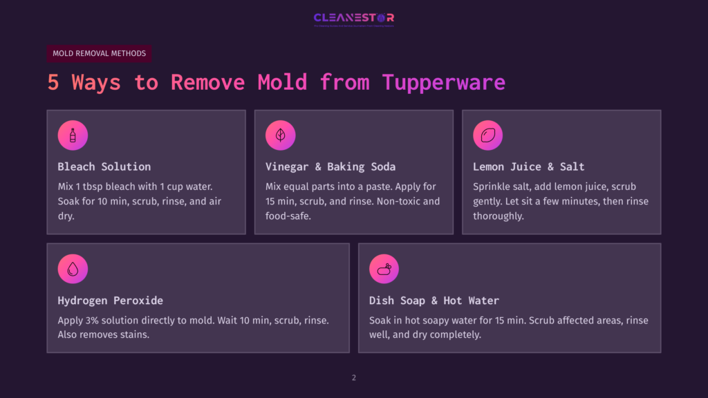Infographic Titled &Quot;5 Ways To Remove Mold From Tupperware&Quot; Showing Five Methods: Bleach Solution, Vinegar &Amp; Baking Soda, Lemon Juice &Amp; Salt, Hydrogen Peroxide, And Dish Soap &Amp; Hot Water.