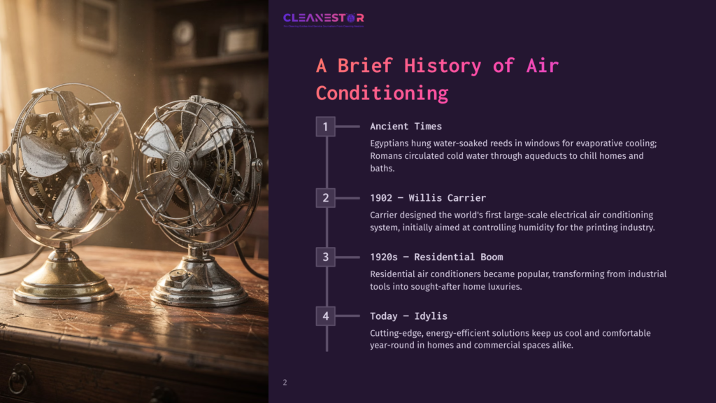 Two Vintage Oscillating Electric Fans With Ornate Brass Cages And Wooden Bases Sit On A Polished Wooden Surface, Hinting At The Early History Of Air Conditioning.