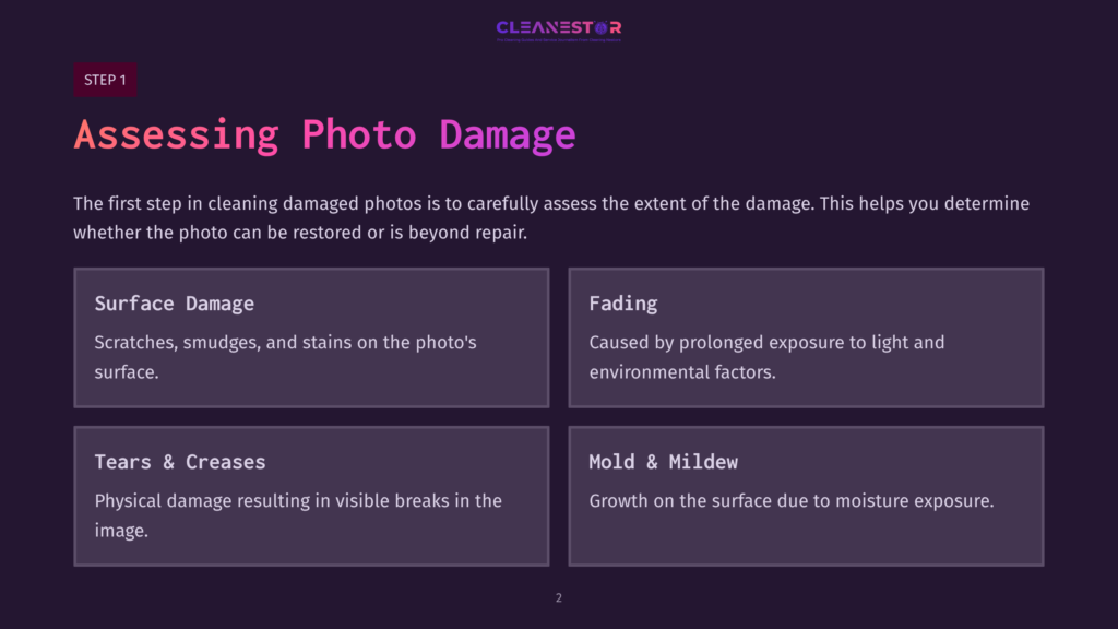 Four Sections Highlight Types Of Photo Damage: Surface Damage, Fading, Tears And Creases, And Mold And Mildew, On A Dark Background.