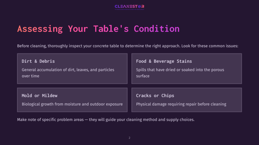Text On A Dark Background Outlines Key Factors To Assess When Cleaning An Outdoor Concrete Table: Dirt, Stains, Mold, And Damage.