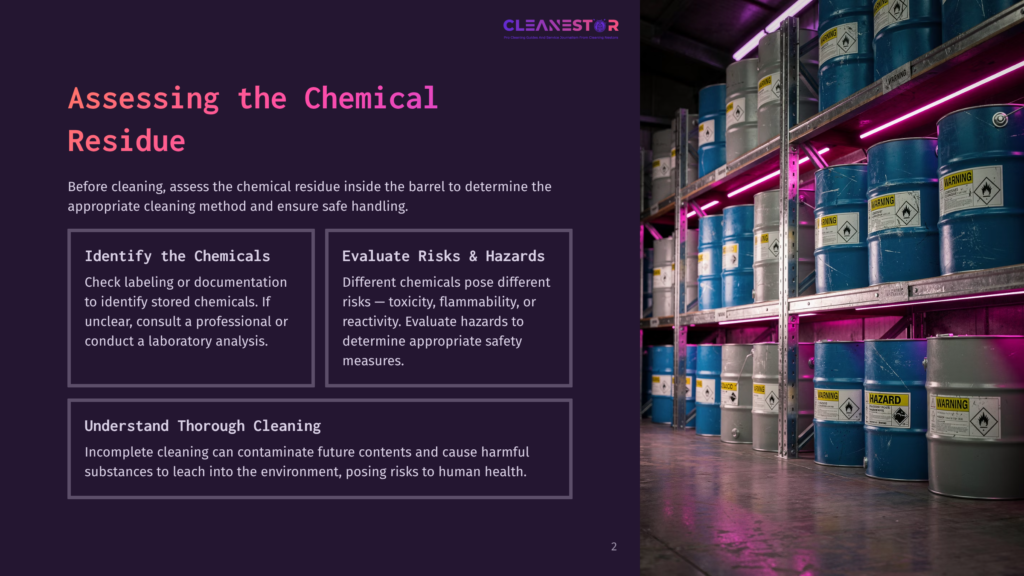 Colorful Shelves Lined With Plastic Barrels, Some Blue And Others White, Illuminated By Pink Lighting. Text Boxes Provide Cleaning Guidelines.