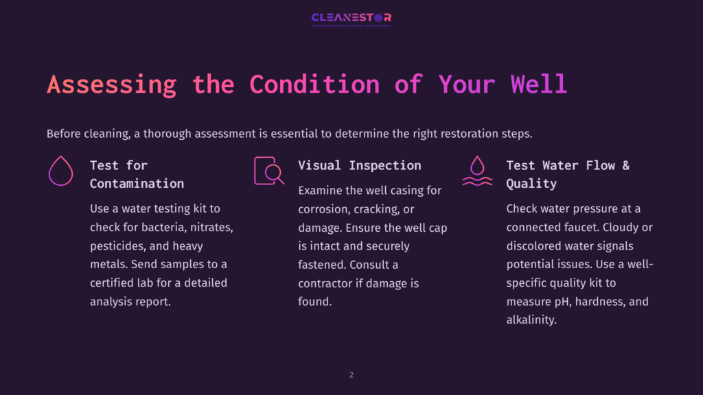 The Cleanestor Presentation Slide Titled &Quot;Assessing The Condition Of Your Well&Quot; Outlines Three Key Steps: Test For Contamination With A Water Testing Kit, Visual Inspection Of The Well Casing, And Test Water Flow &Amp; Quality.