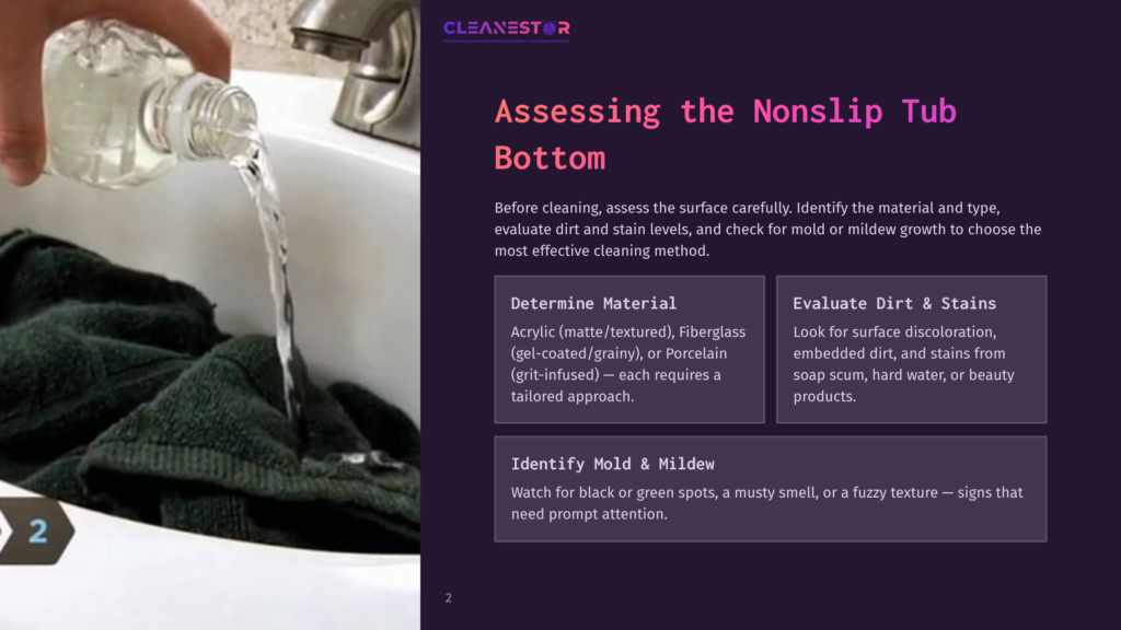 A Person Pours Liquid From A Clear Bottle Into A Sink With A Dark Green Towel. The Image Is Part Of A Presentation Titled &Quot;Assessing The Nonslip Tub Bottom&Quot; By Cleanestor.