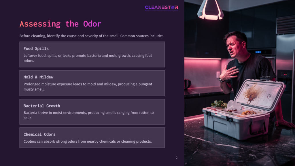 A Person Stands Near An Open Cooler, Looking Concerned. The Cooler Contains Food Items, With A Purple Background And Text Discussing Odor Sources.