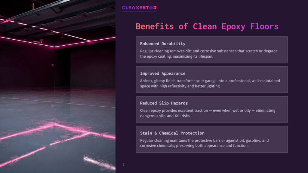 A Spacious, Clean Garage With A Glossy Gray Epoxy Floor, Illuminated By Purple Led Lights, Showcasing A Professional, Well-Maintained Space.