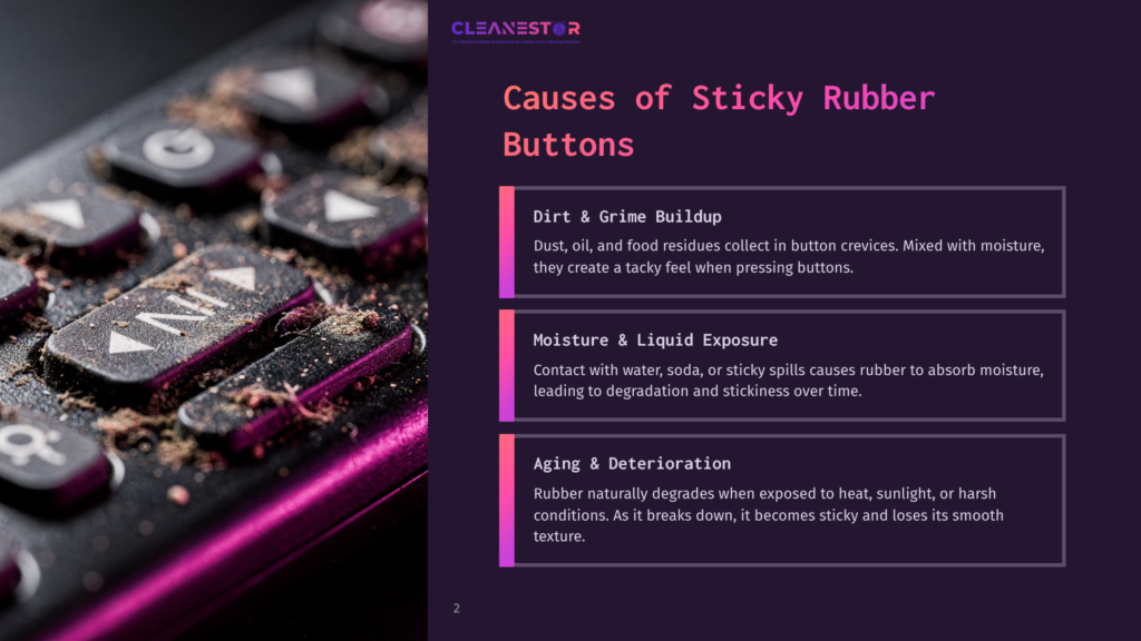 2 Causes Of Sticky Rubber Buttons Close-Up Of A Dirty Rubber Button Keypad With Visible Dust And Grime, Alongside Text Boxes Explaining Causes Of Stickiness.