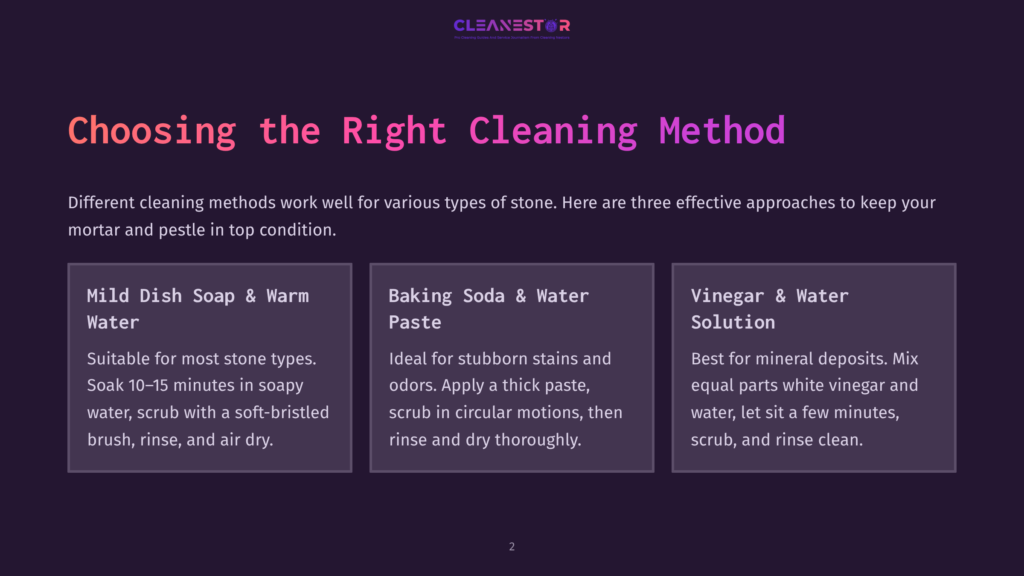 Three Cleaning Methods For Stone Shown In Boxes: Warm Soapy Water, Baking Soda Paste, And Vinegar Solution, With Brief Descriptions.