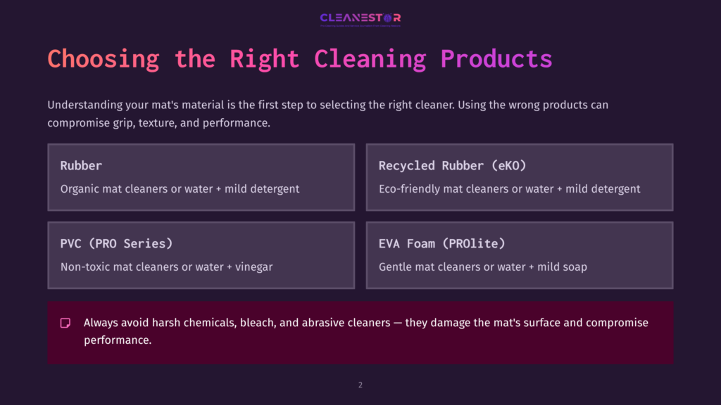 A Slide Featuring A Dark Background With Pink And White Text Detailing Various Yoga Mat Materials And Recommended Cleaning Products.