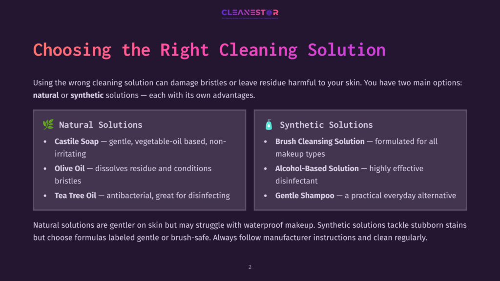 Infographic Comparing Natural And Synthetic Cleaning Solutions, Highlighting Ingredients Like Castile Soap And Olive Oil For Natural Options, And Brush Cleansing Solution For Synthetics.