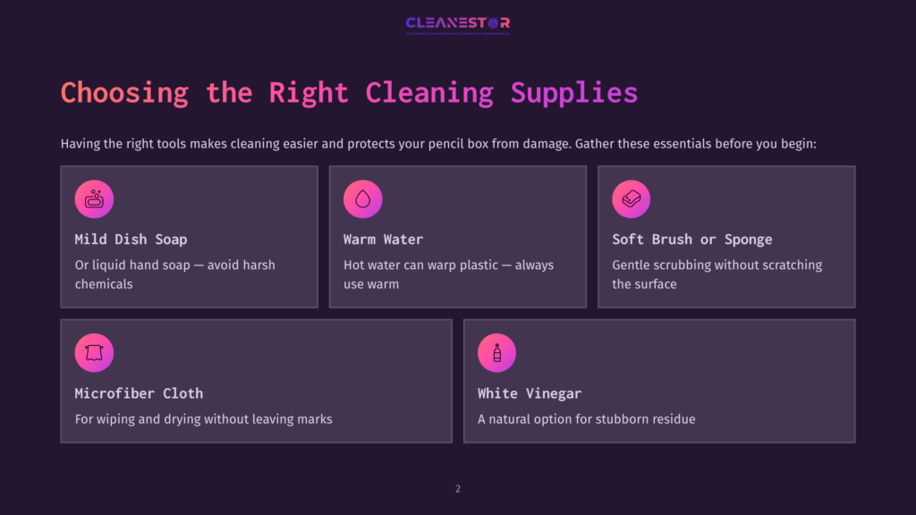 Four Cleaning Supplies Are Listed With Icons: Mild Dish Soap, Warm Water, A Soft Brush, And White Vinegar, On A Dark Background With Bold Text.