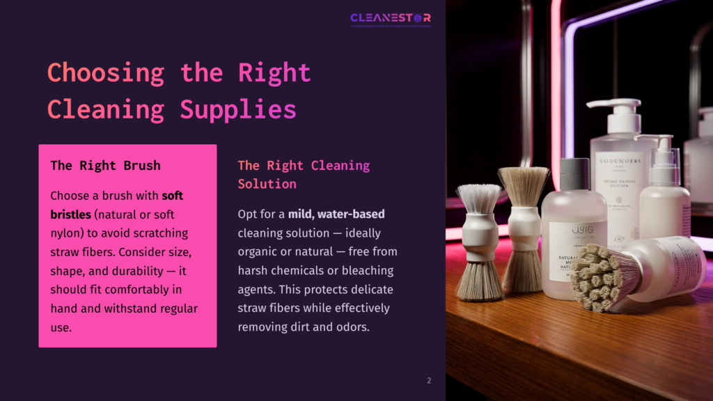 A Collection Of Cleaning Brushes And Bottles On A Wooden Surface, With A Pink And Purple Background Providing Contrast.