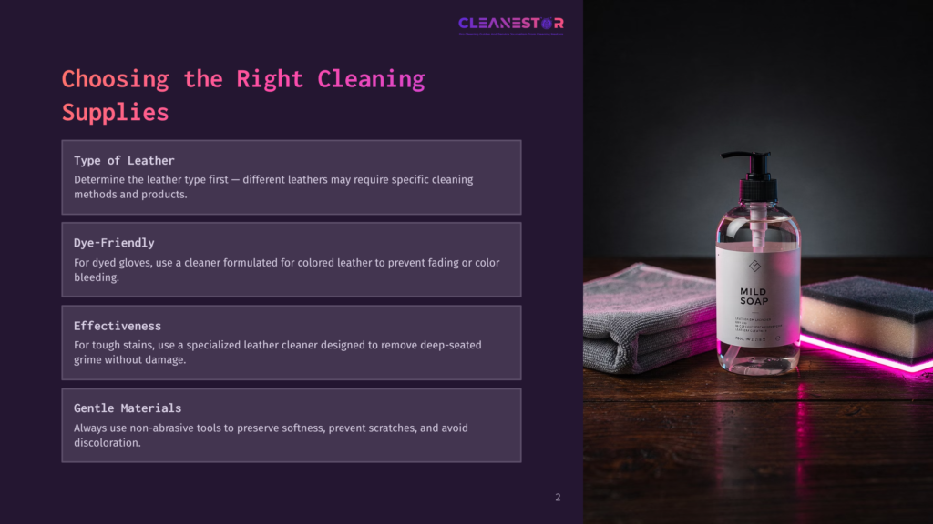 A Bottle Of &Quot;Mild Soap&Quot; Sits On A Dark Wooden Table Next To A Grey Microfiber Cloth And A Beige Sponge, With A Pink Glow Emanating From The Right Side Of The Frame.