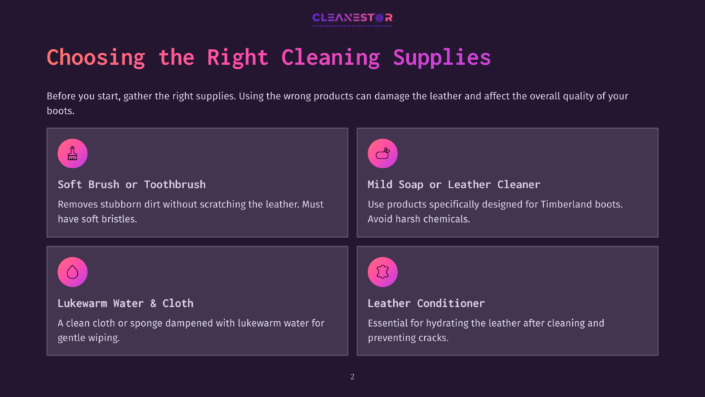 Infographic Titled &Quot;Choosing The Right Cleaning Supplies&Quot; With Four Sections: Soft Brush Or Toothbrush, Mild Soap Or Leather Cleaner, Lukewarm Water &Amp; Cloth, And Leather Conditioner, Detailing Essential Items For Boot Care.